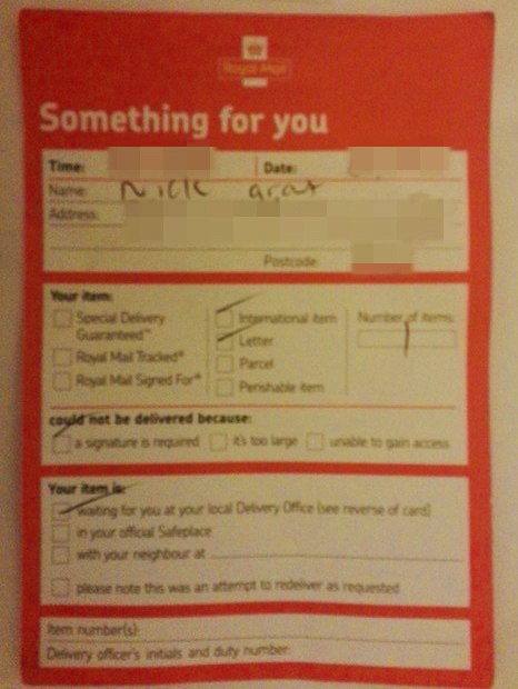Sorting office collection card